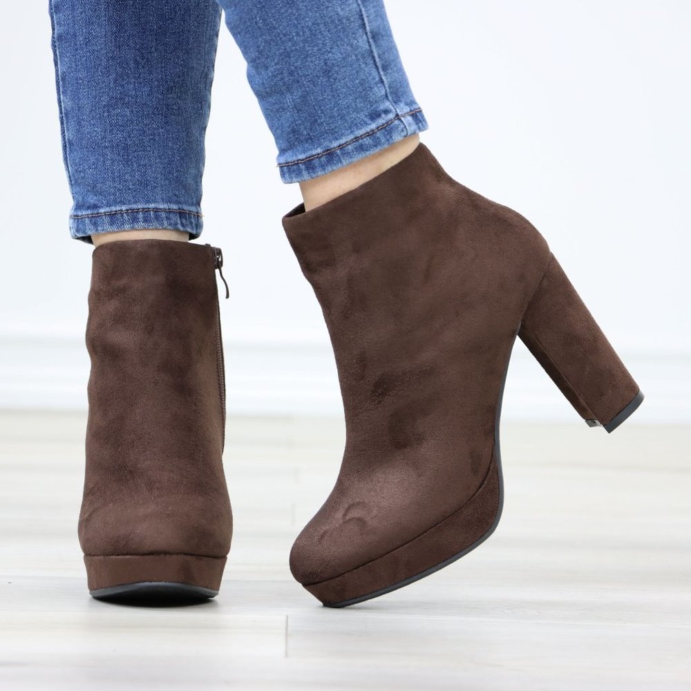 Brown Platform Suede Ankle Booties Block Heeled Boots - Picture 10 of 12